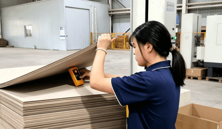 Worker measuring moisture content of grey board during packaging material quality inspection