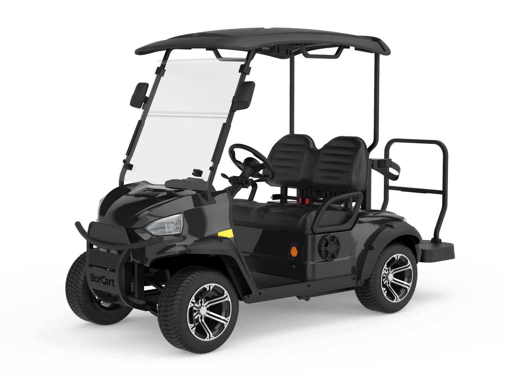 Two-passenger golf car with caddie stand