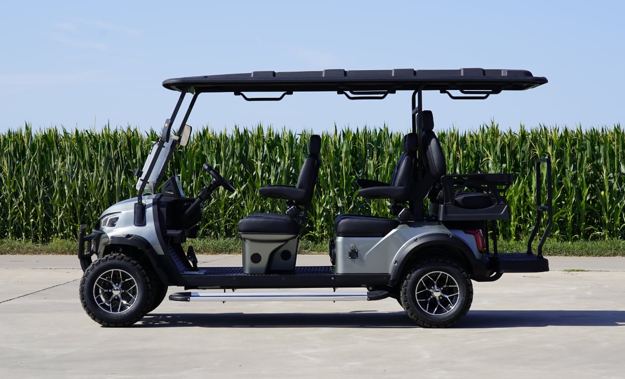 Electric 4+2 seater golf cart with lithium battery and independent suspension