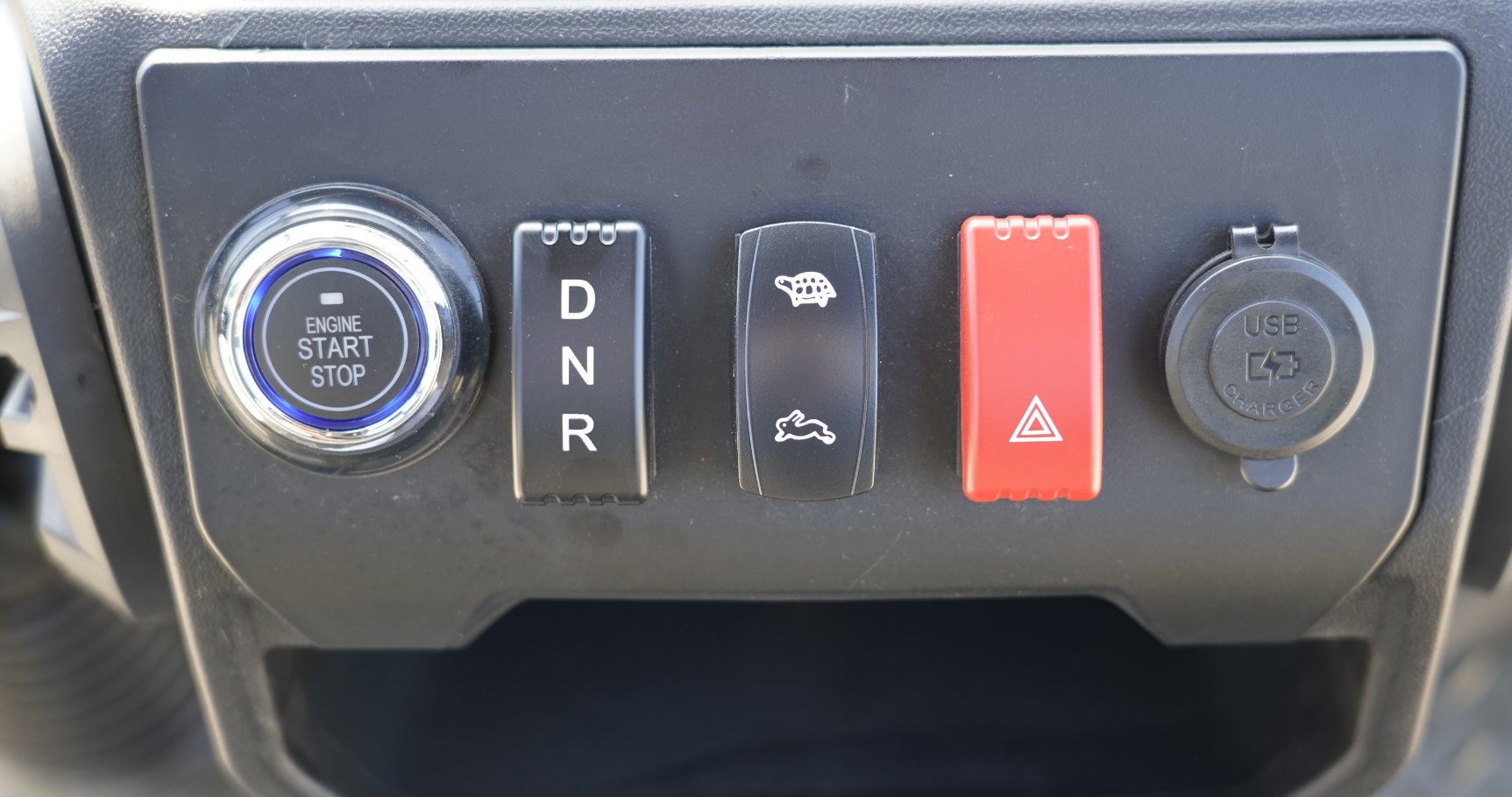 Golf cart interior with 10.1-inch CarPlay screen and one-touch start
