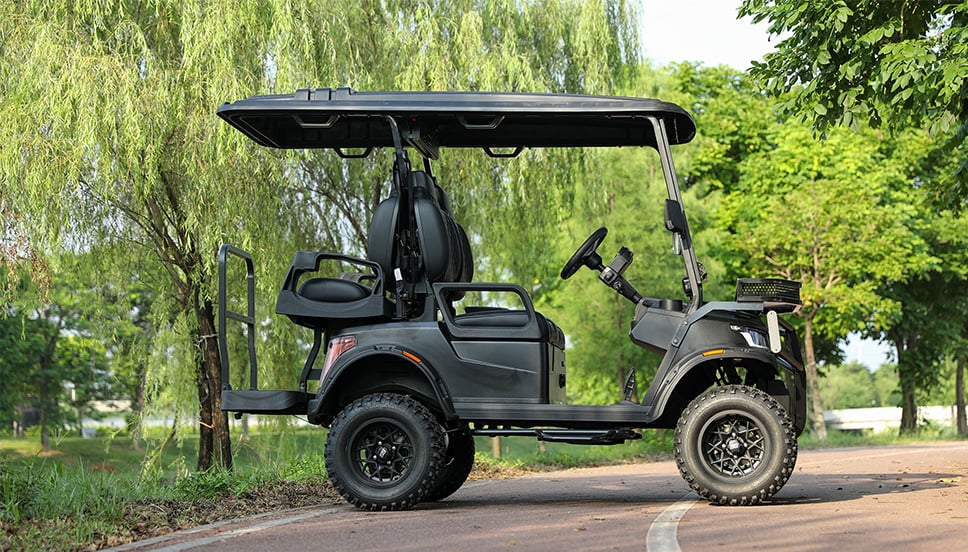 Lifted HAVOS golf cart with lithium battery for outdoor use