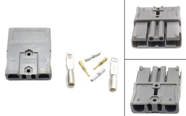 Gray battery connector with plus and minus polarity markings